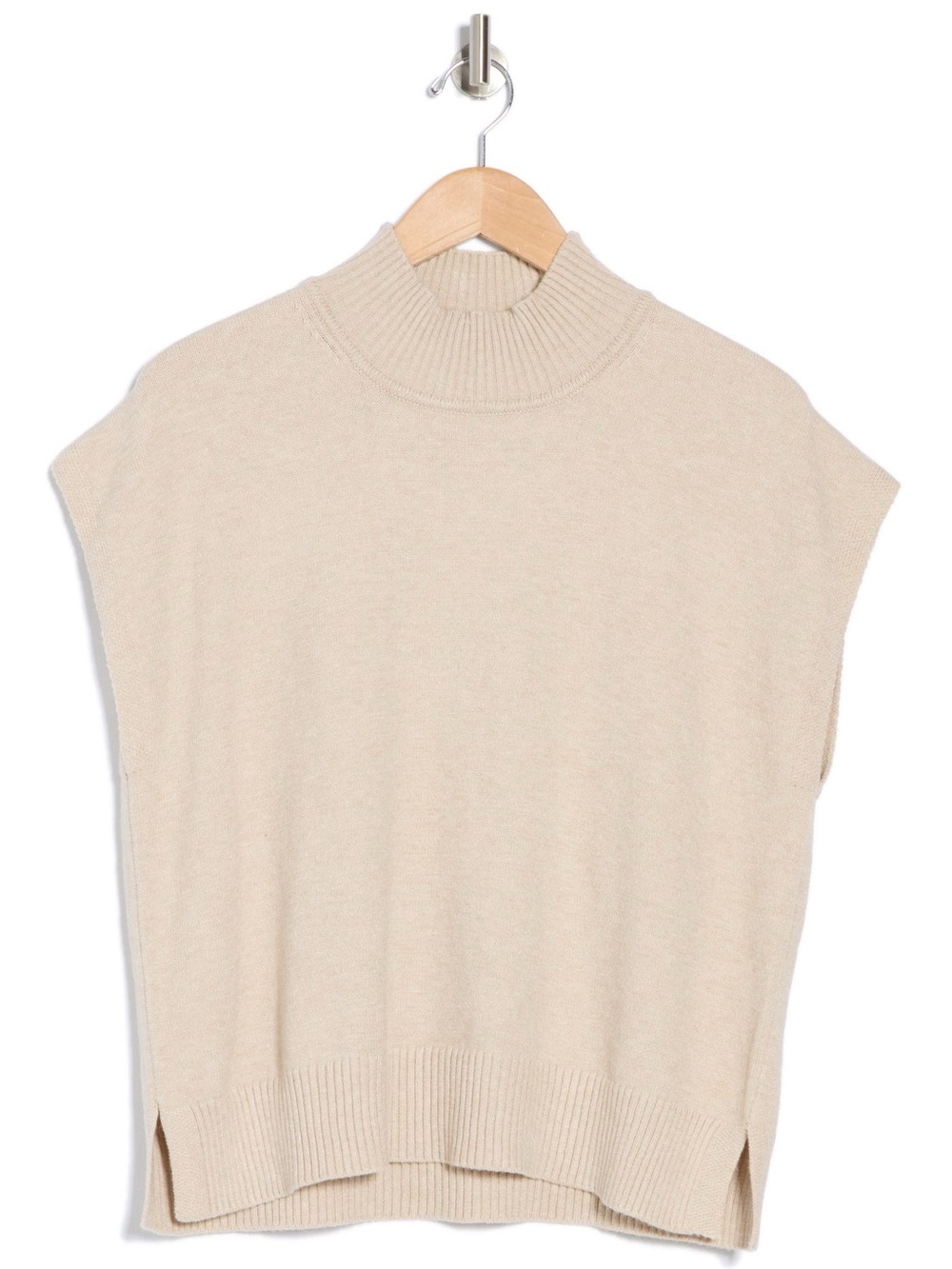 Max Studio Beige Mock Neck Sweater Vest Cap Sleeve Knit Top Quiet Luxury - Picture 3 of 8